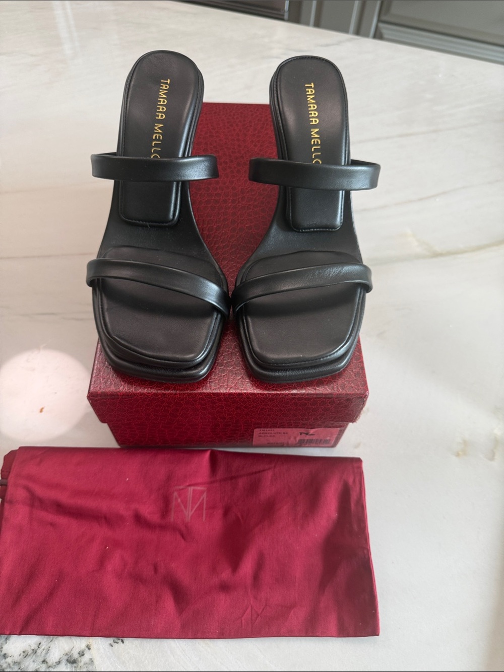 Tamara Mellon Black Leather Double-Strap Square-Toe Slide Mules